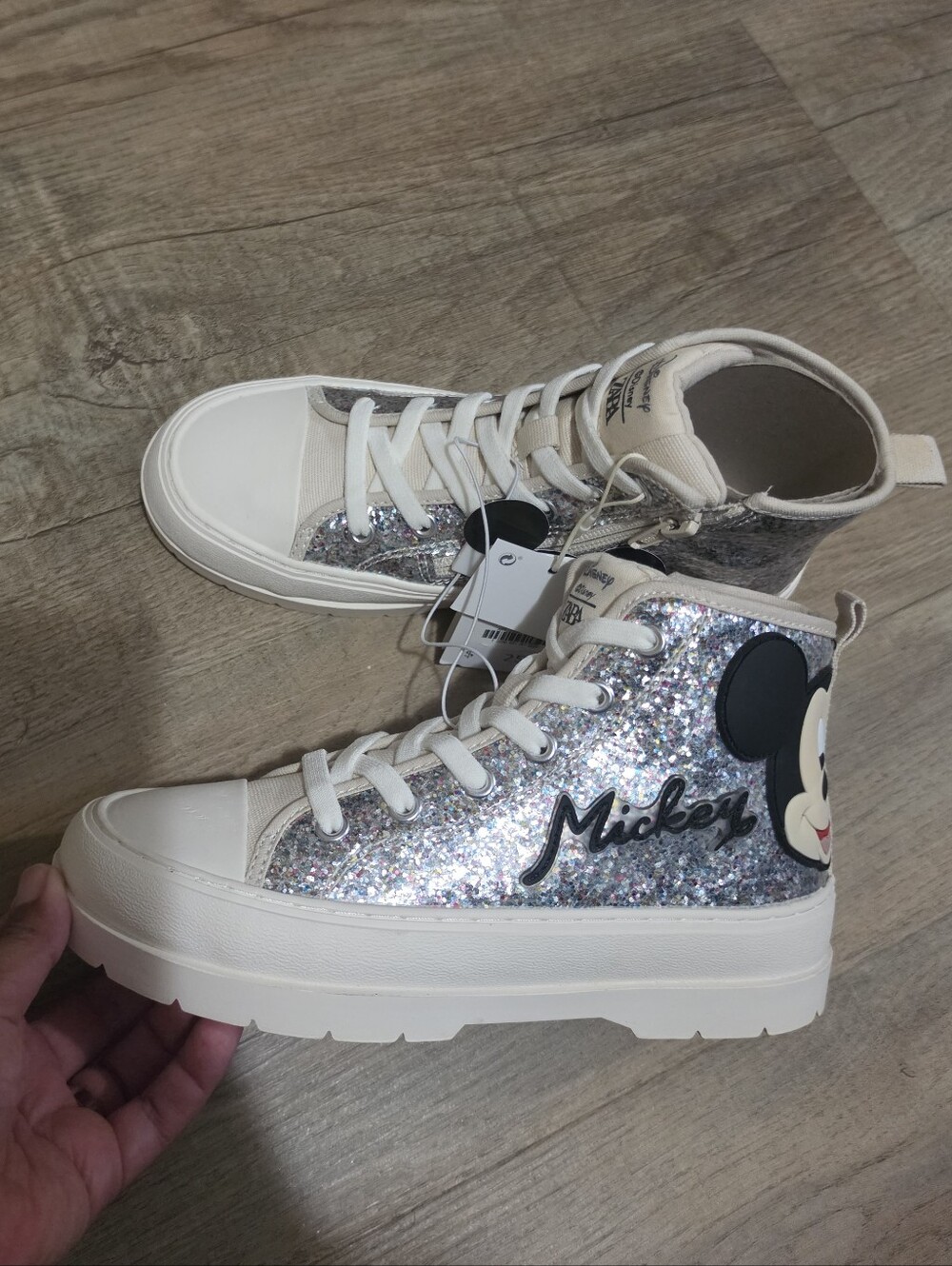 Zara Size 3.5 Mickey Glitter High-Top Sneakers - Silver